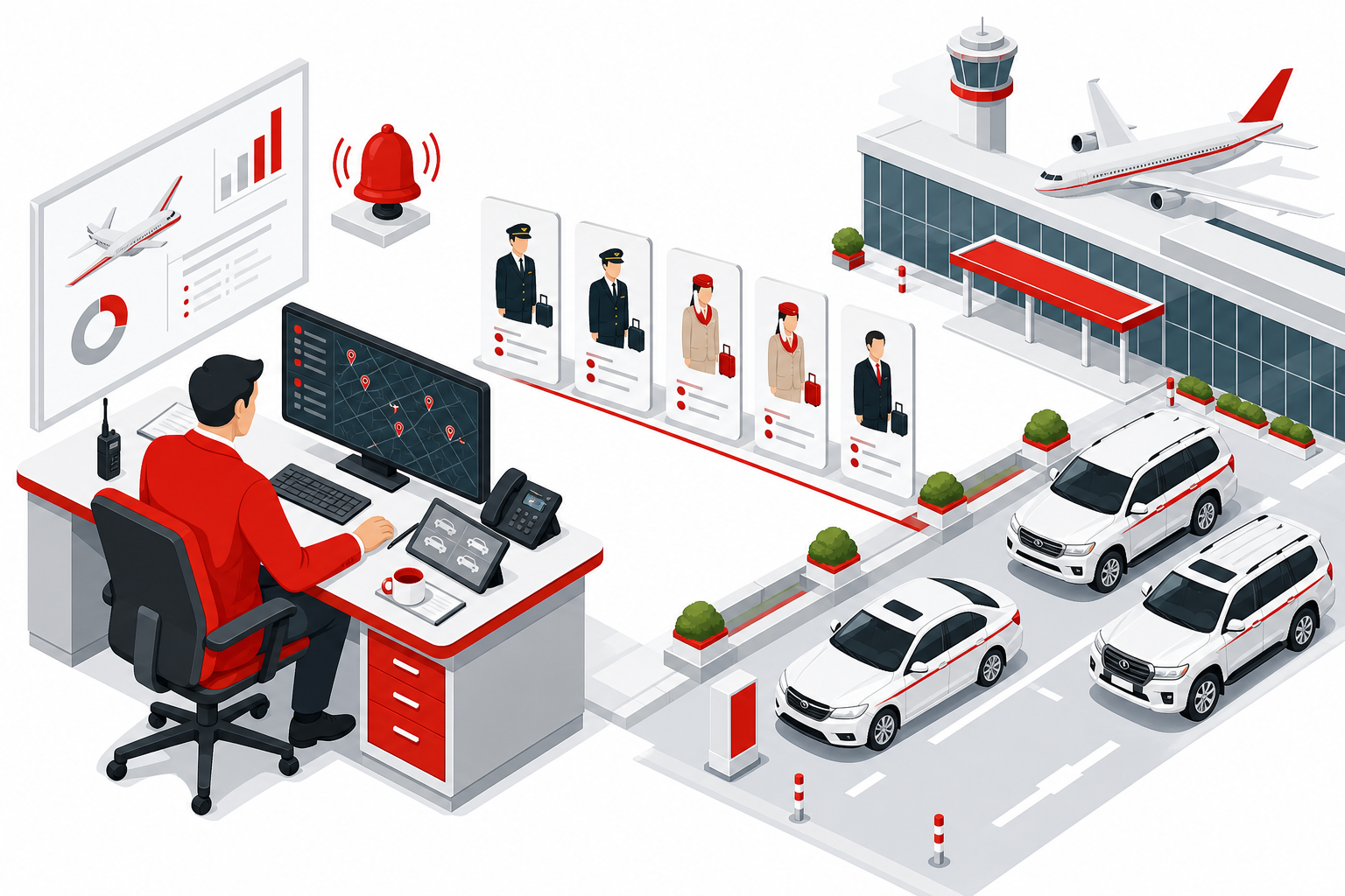 Airlines fleet operations desk with crew pickup queue and alert actions