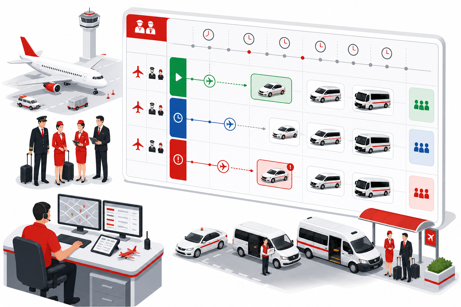 Airline crew and cabin crew pickup drop schedule board with live GPS