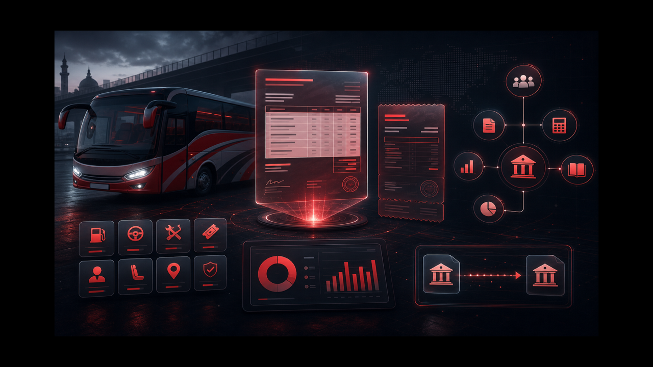 Bus operator accounts screen with bill generate and payment voucher