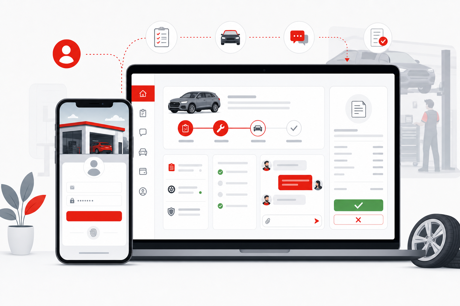 Garage customer portal with job card status and chat with service advisor