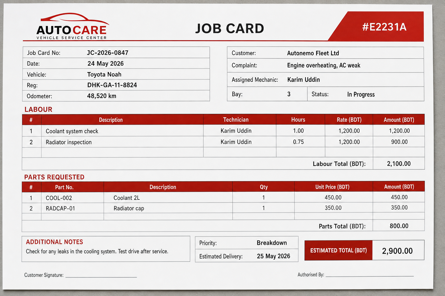 Real garage job card JC-2026-0847 for Toyota Noah with mechanic assignment and parts request