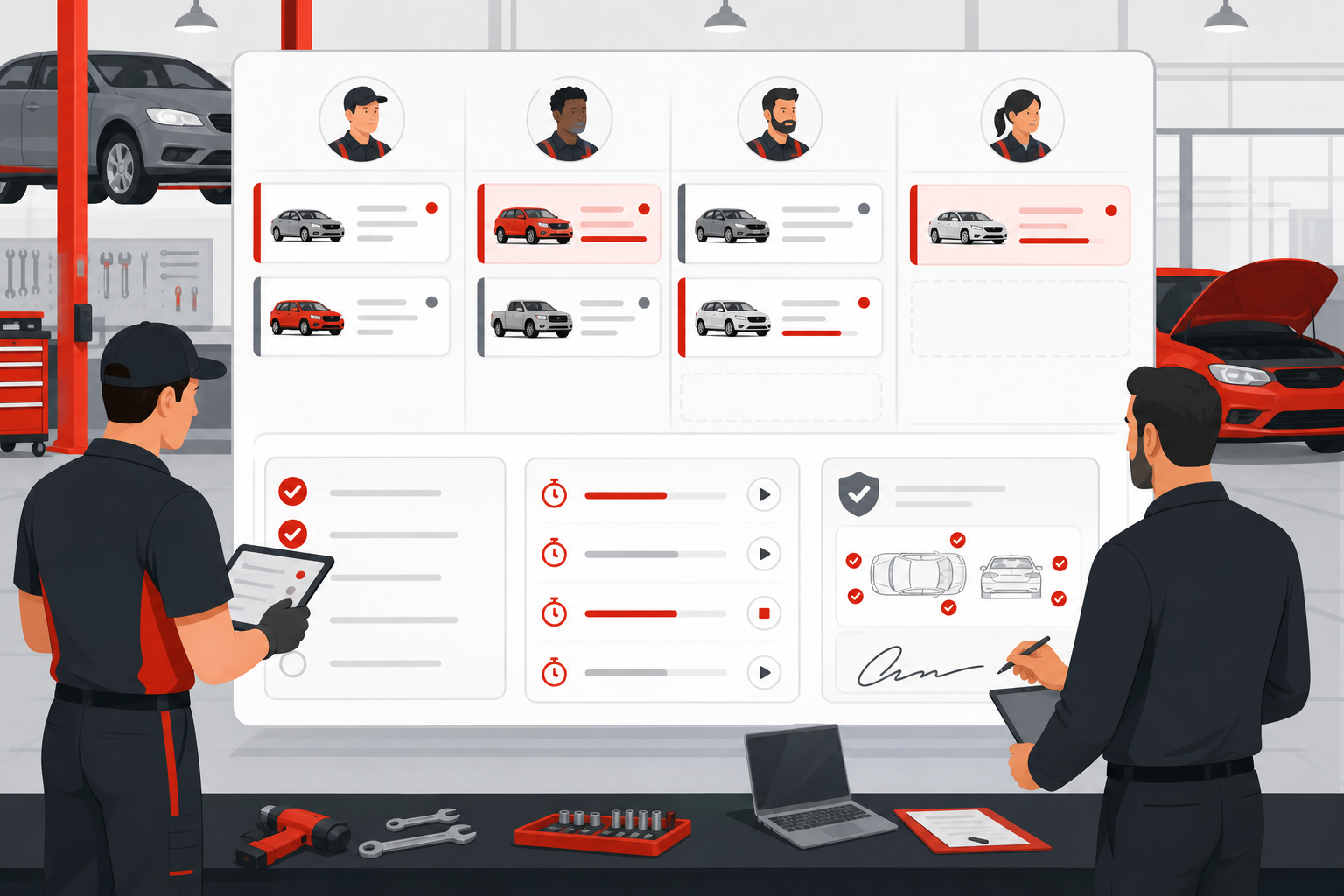 Workshop mechanic task assignment board with job card labour lines