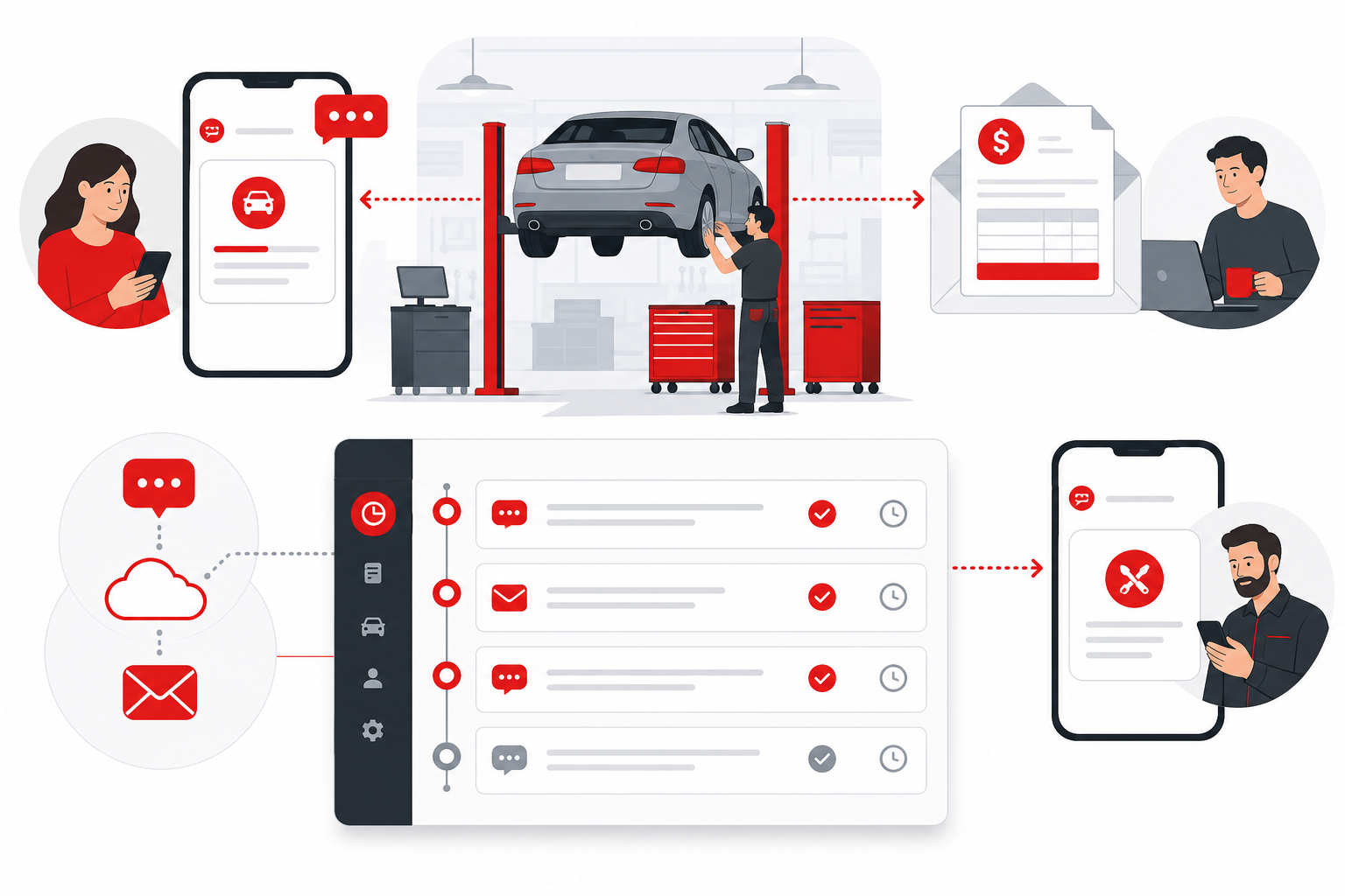 Garage SMS and email notification integration for job card status updates