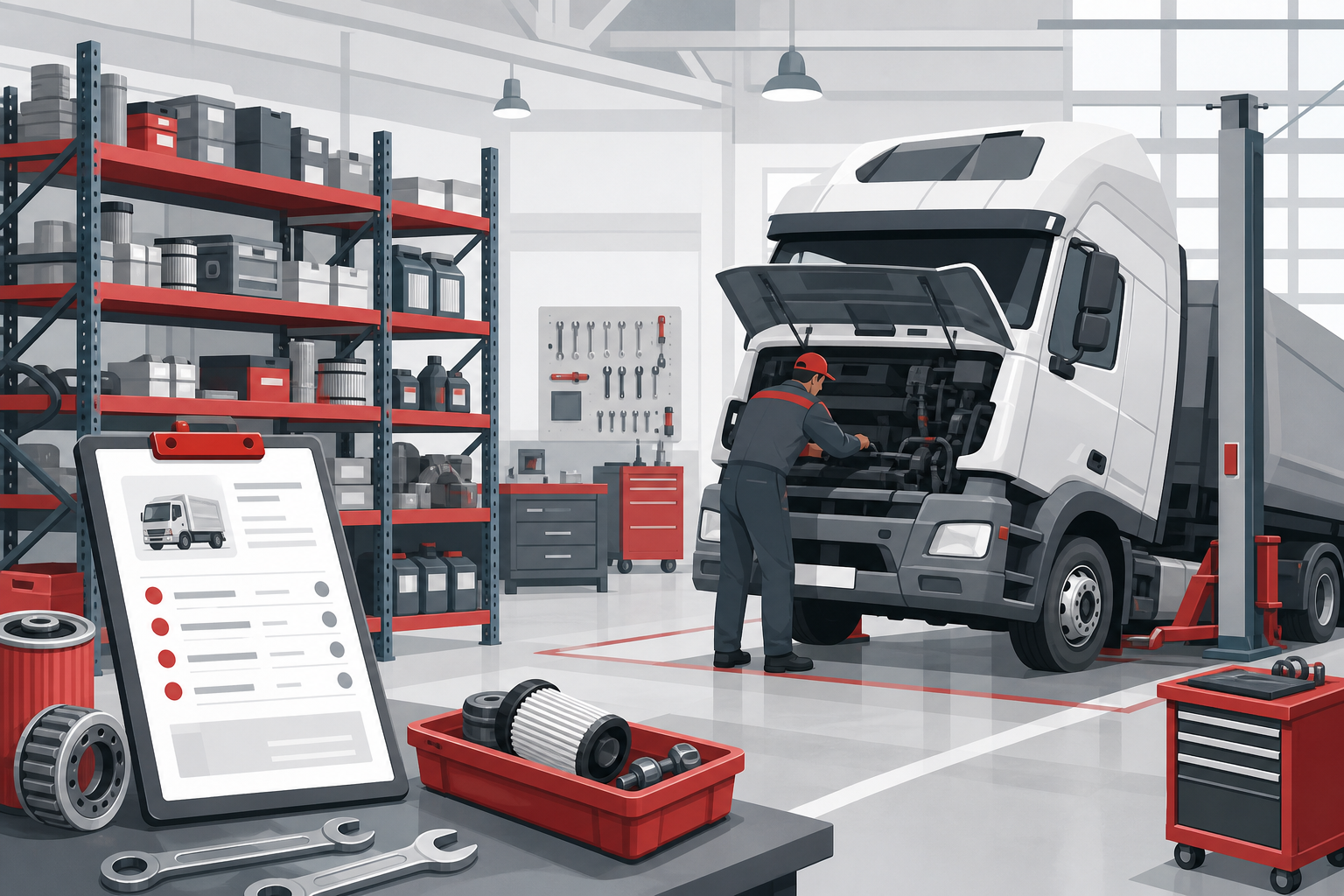 Factory workshop job card and spare parts for site fleet maintenance