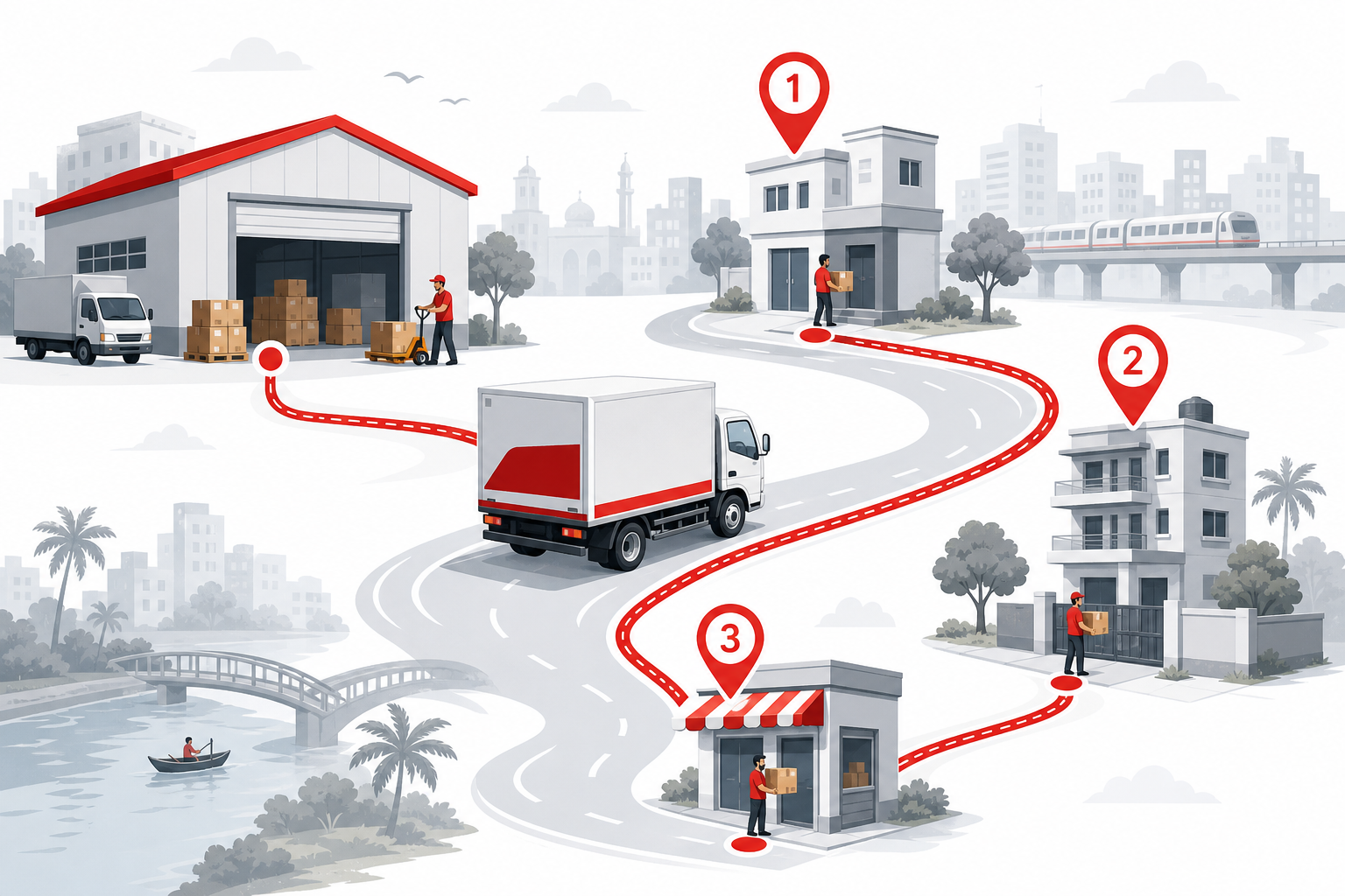 Commercial truck route with multiple pickup and delivery stops