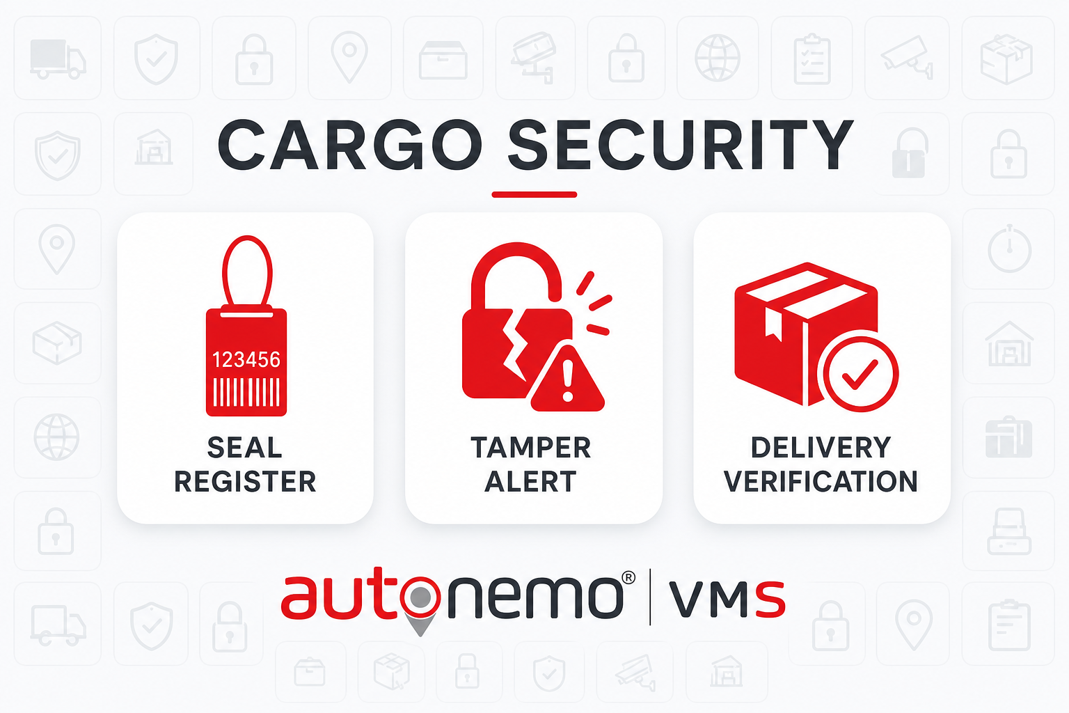 Concept overview — Seal inventory and issue per trip for Cargo Security (Icon mosaic style, example only, not a software screenshot)