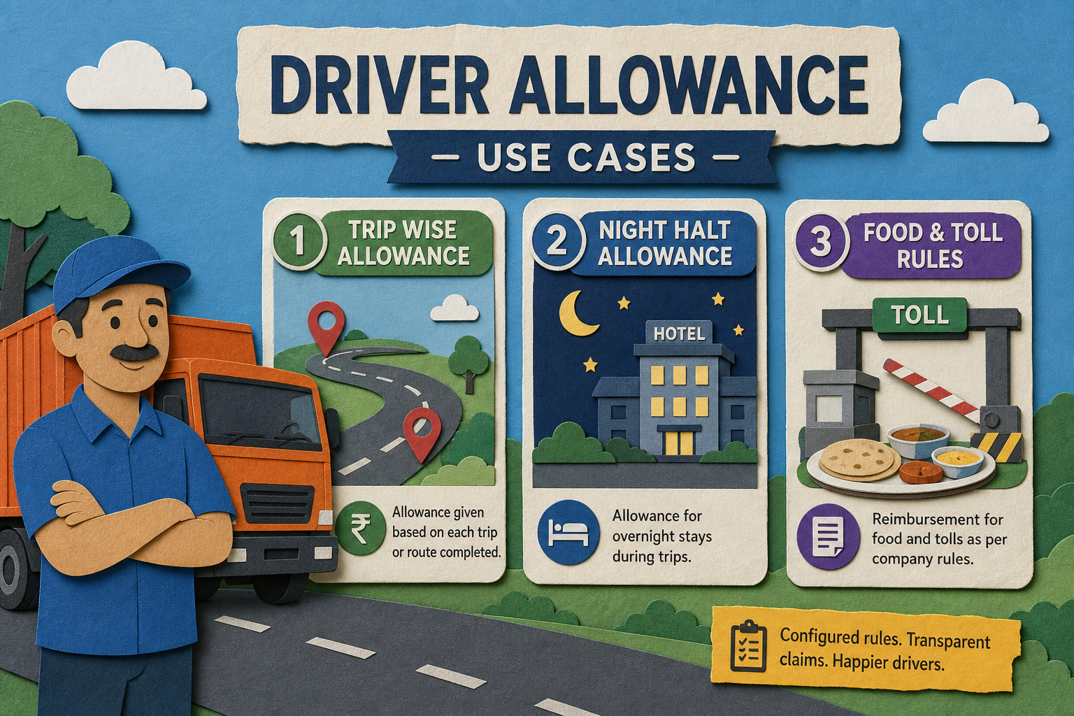 Use-case collage — Auto-calculation from closed trips for Driver Allowance (Paper cut style, example only, not a software screenshot)