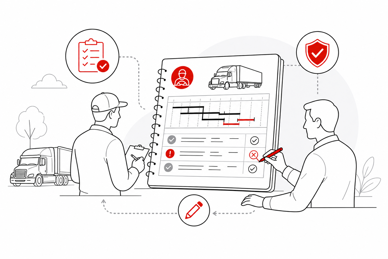Benefits graph — Supervisor review and corrections for Driver Logs (Line art style, example only, not a software screenshot)
