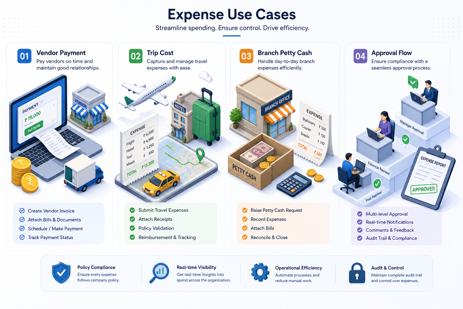 Use-case collage — Categories mapped to accounts for Expense (Isometric style, example only, not a software screenshot)