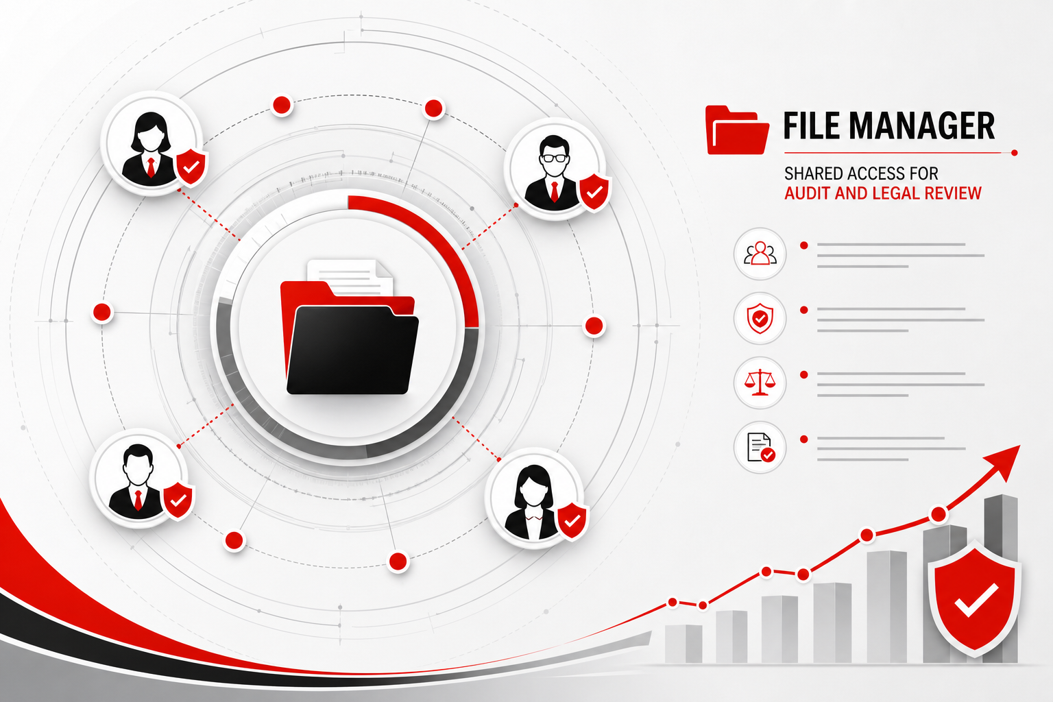 Benefits graph — Shared access for audit and legal review for File Manager (Radar hub style, example only, not a software screenshot)