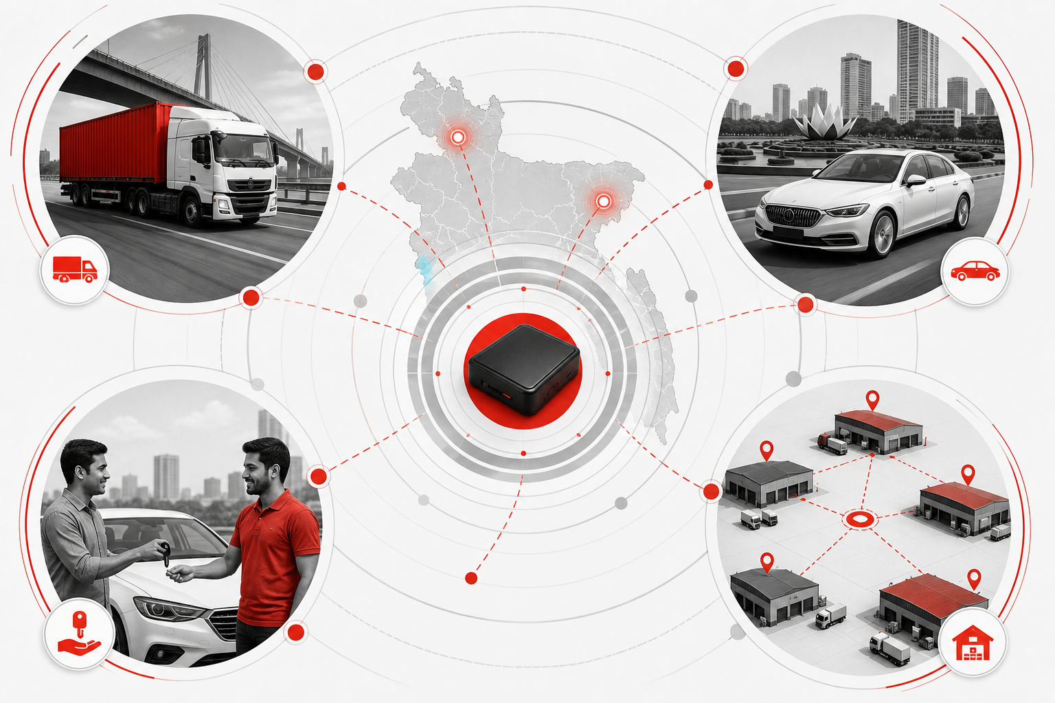 Use-case collage — Live map, status, and device assignment for Fleet (Radar hub style, example only, not a software screenshot)