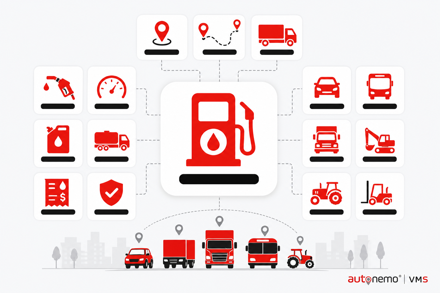 Concept overview — Trip-linked and vehicle-wise fuel entries for Fuel (Icon mosaic style, example only, not a software screenshot)