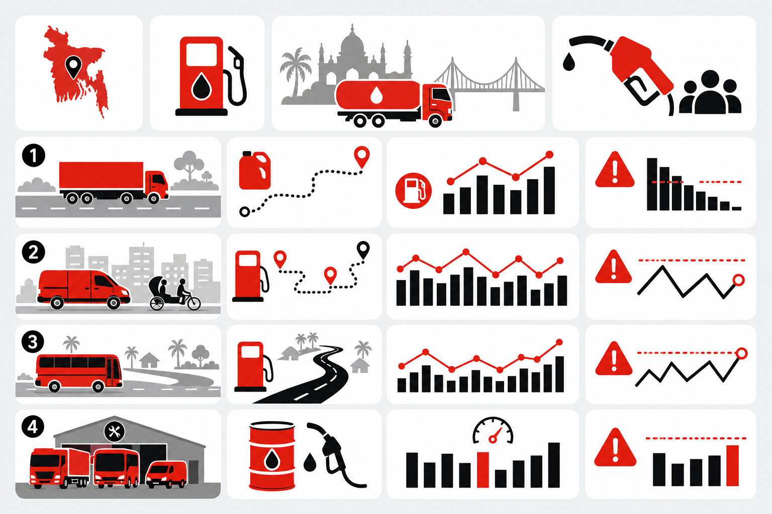 Use-case collage — Mileage trends and variance alerts for Fuel (Icon mosaic style, example only, not a software screenshot)