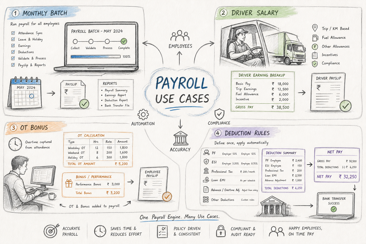 Use-case collage — Pulls attendance and allowances for Payroll (Sketch blend style, example only, not a software screenshot)