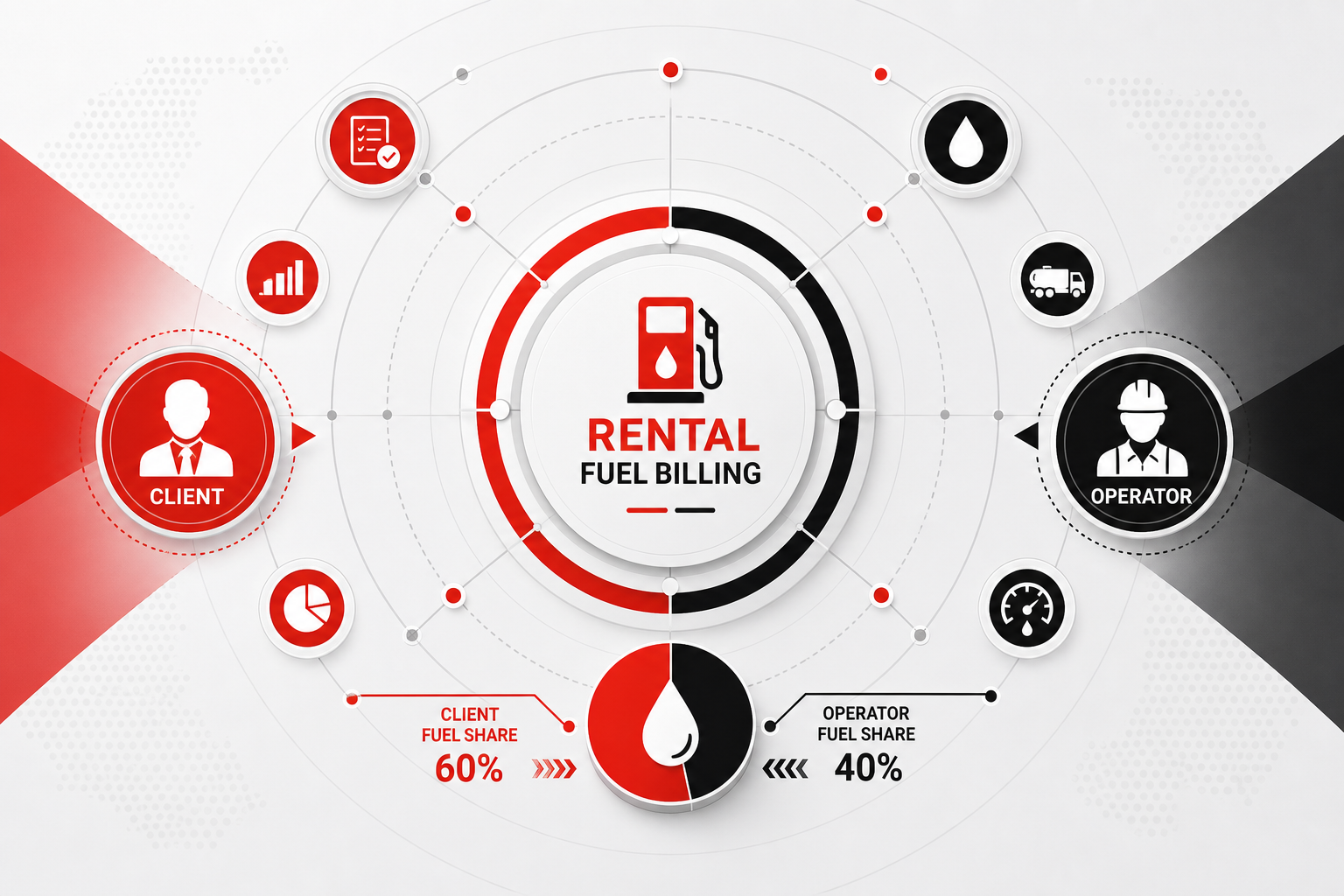 Benefits graph — Client vs operator fuel split for Rental Fuel Billing (Radar hub style, example only, not a software screenshot)