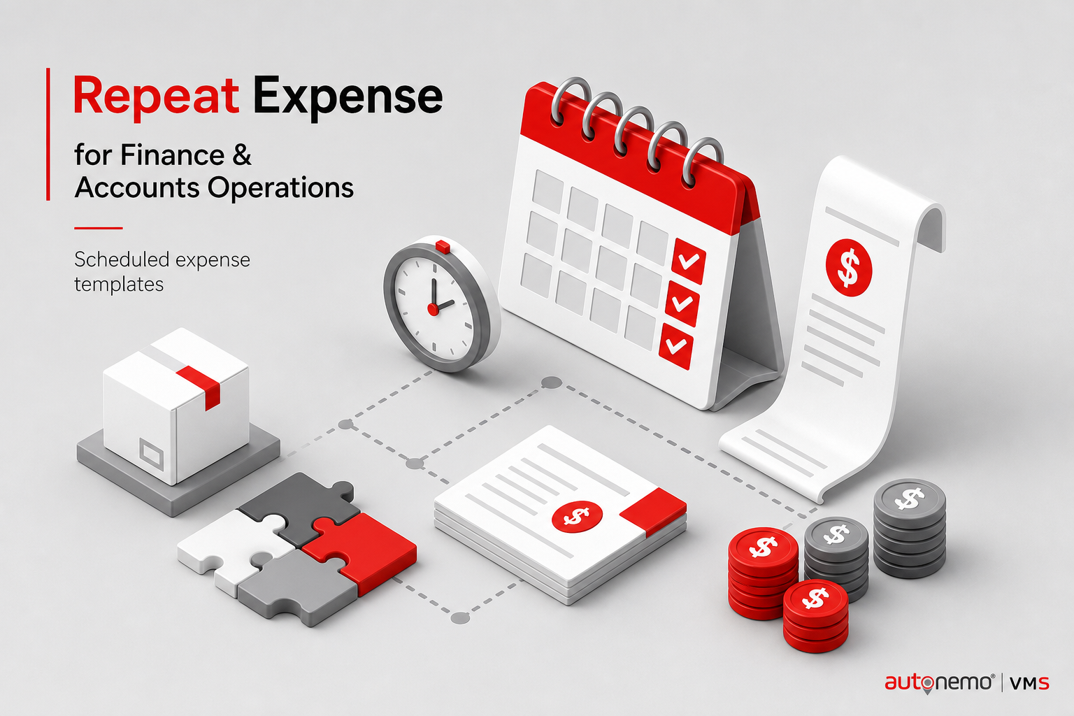 Concept overview — Scheduled expense templates for Repeat Expense (Isometric style, example only, not a software screenshot)