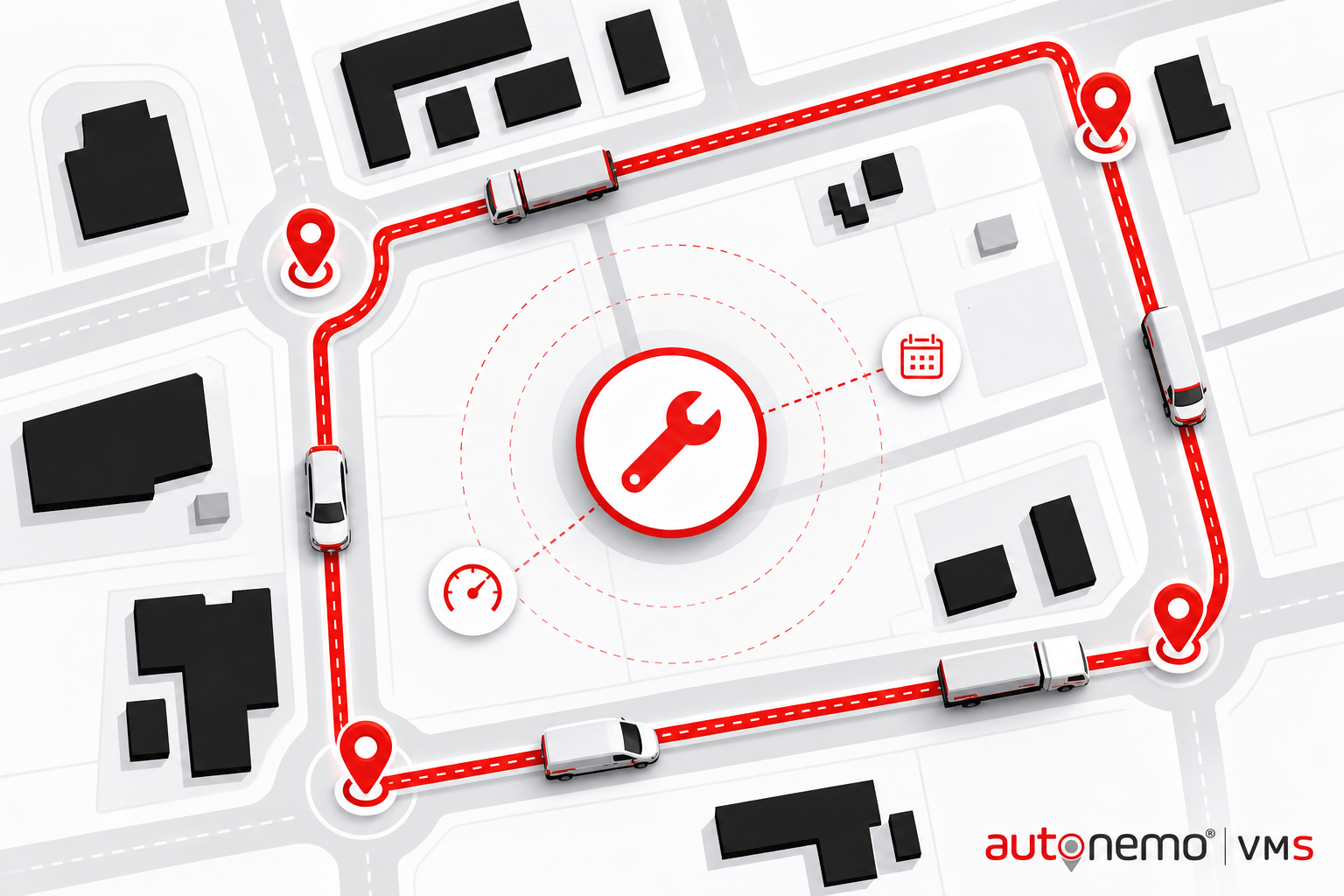 Concept overview — Service plans per vehicle type for Service (Top-down map style, example only, not a software screenshot)