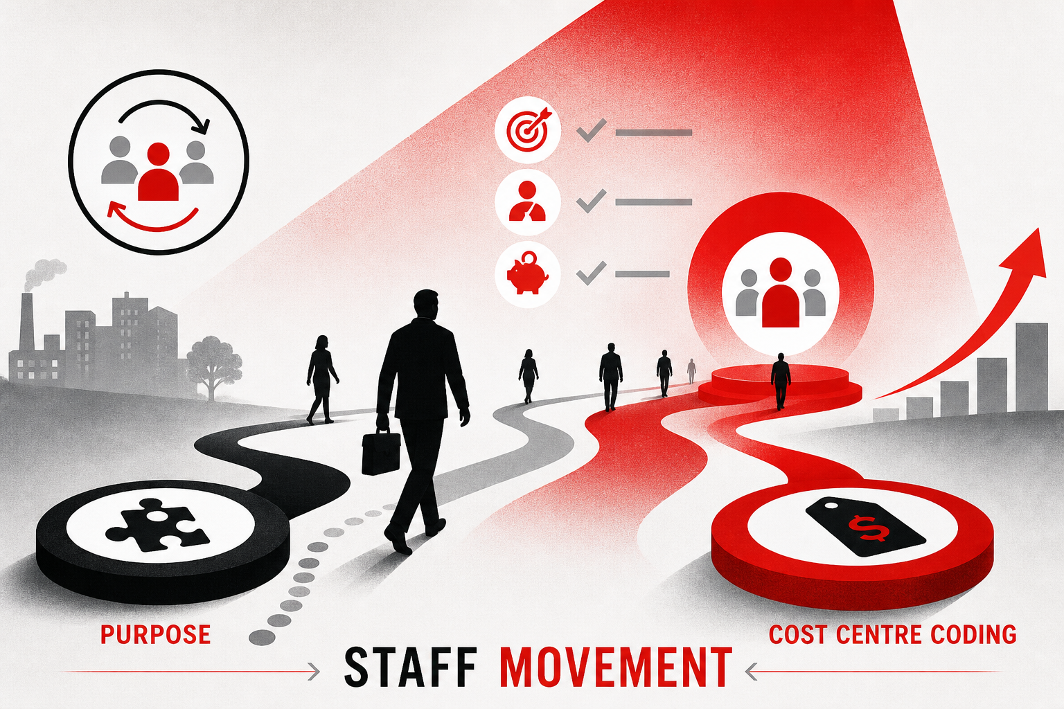 Benefits graph — Purpose and cost centre coding for Staff Movement (Duotone editorial style, example only, not a software screenshot)