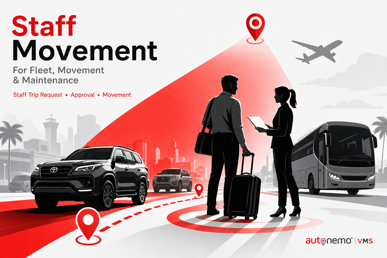 Concept overview — Staff trip request and approval for Staff Movement (Duotone editorial style, example only, not a software screenshot)