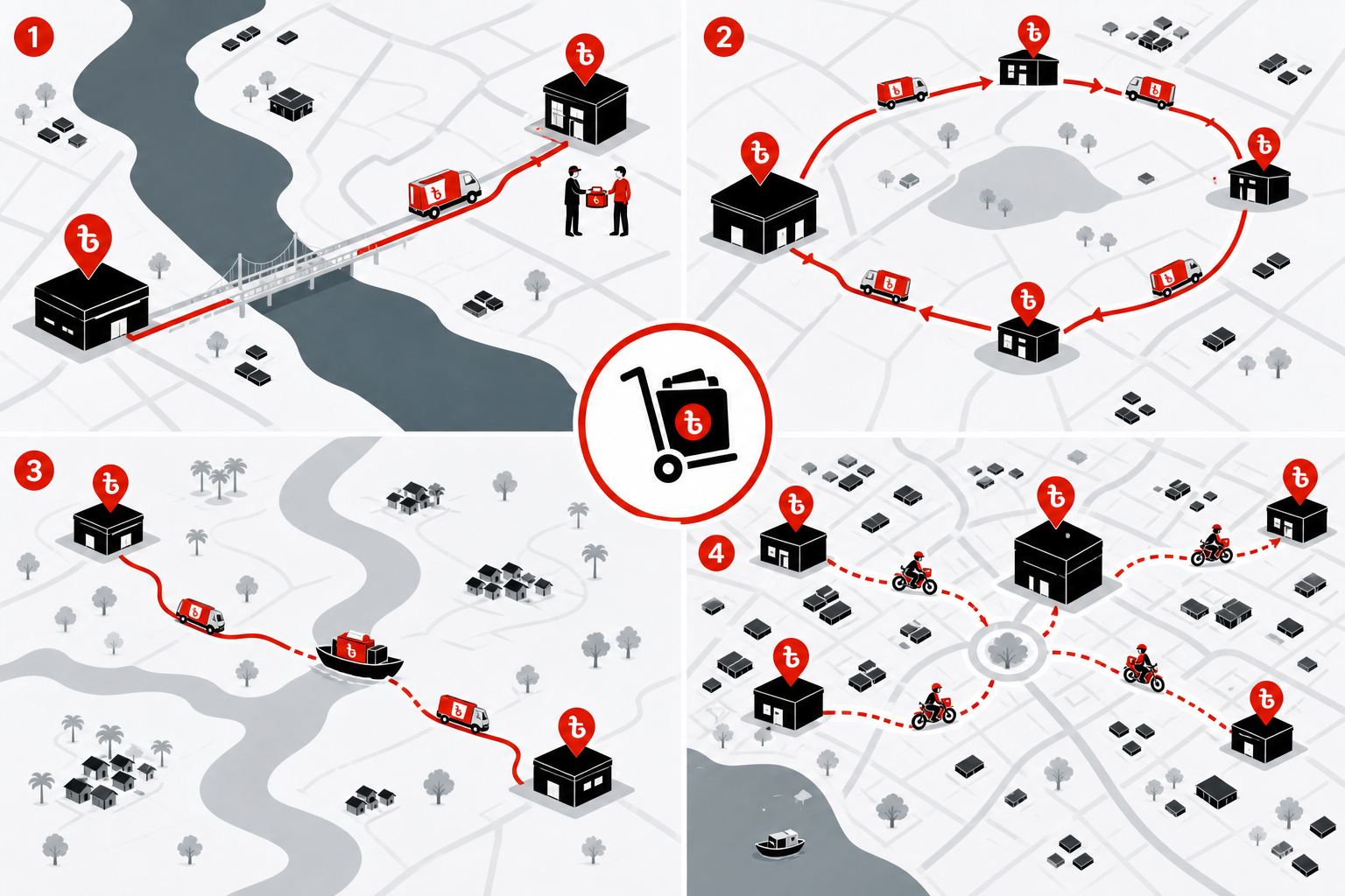 Use-case collage — Branch cash movement tracking for Transfer (Top-down map style, example only, not a software screenshot)