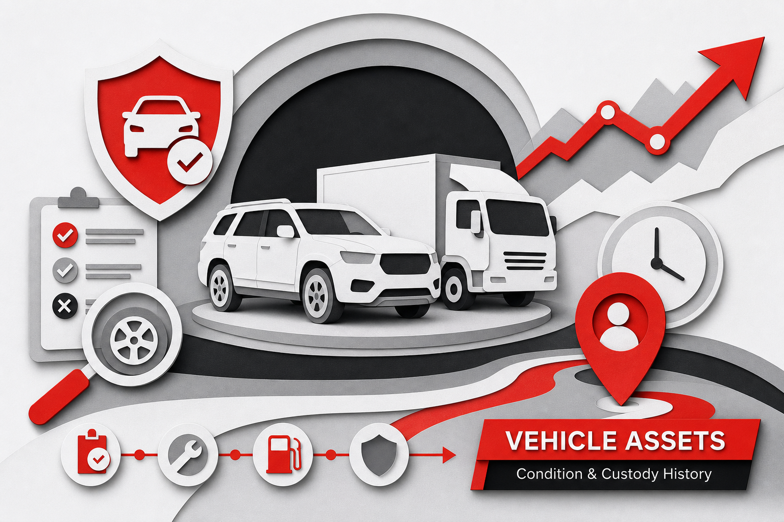 Benefits graph — Condition and custody history for Vehicle Assets (Paper cut style, example only, not a software screenshot)