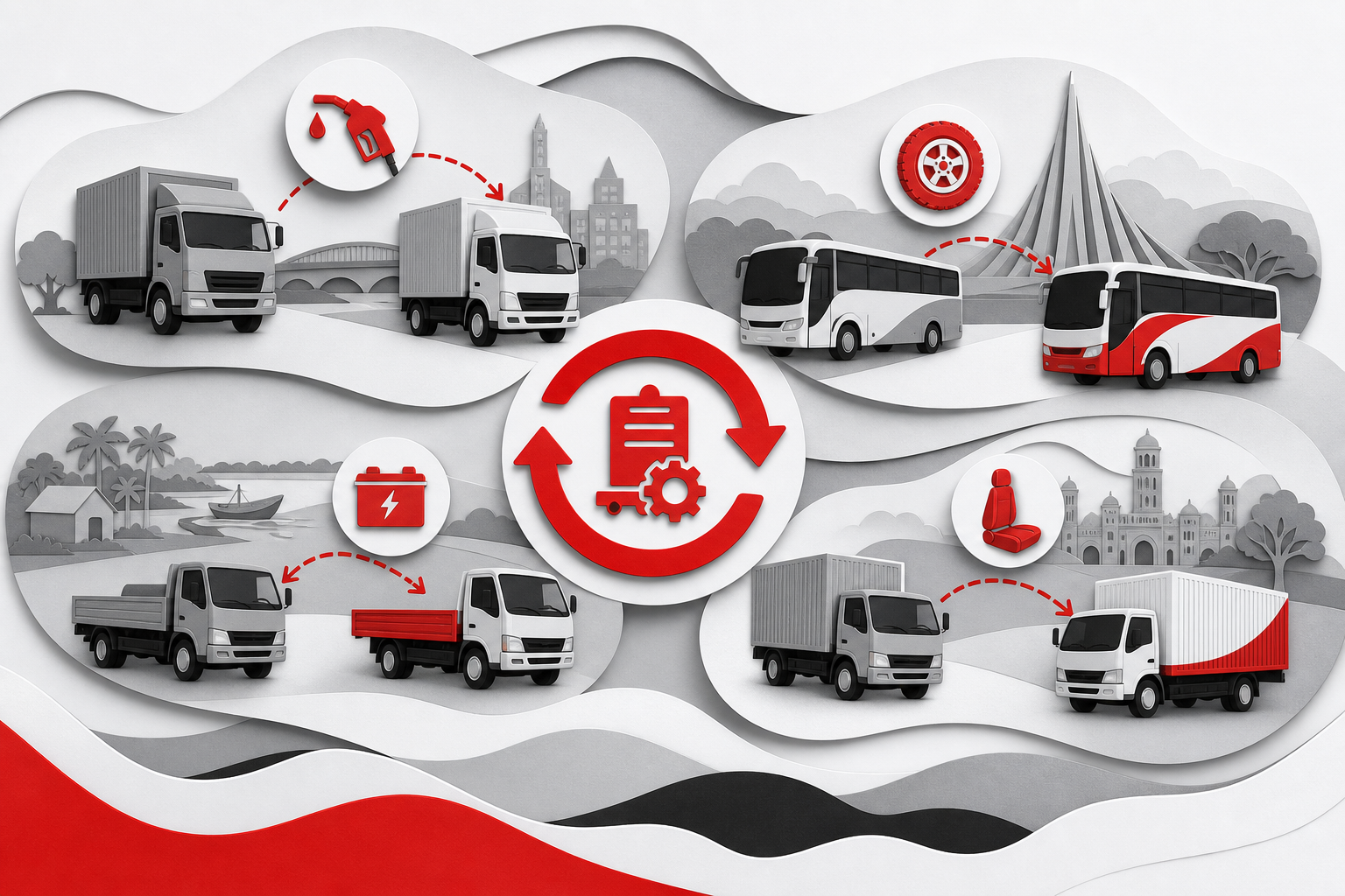 Use-case collage — Transfer assets between vehicles for Vehicle Assets (Paper cut style, example only, not a software screenshot)