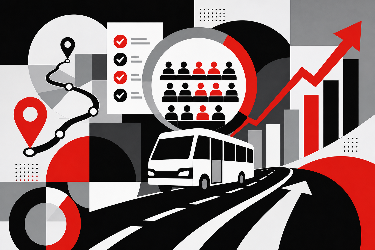 Benefits graph — Utilisation reports for routes for Vehicle Occupancy (Geometric collage style, example only, not a software screenshot)