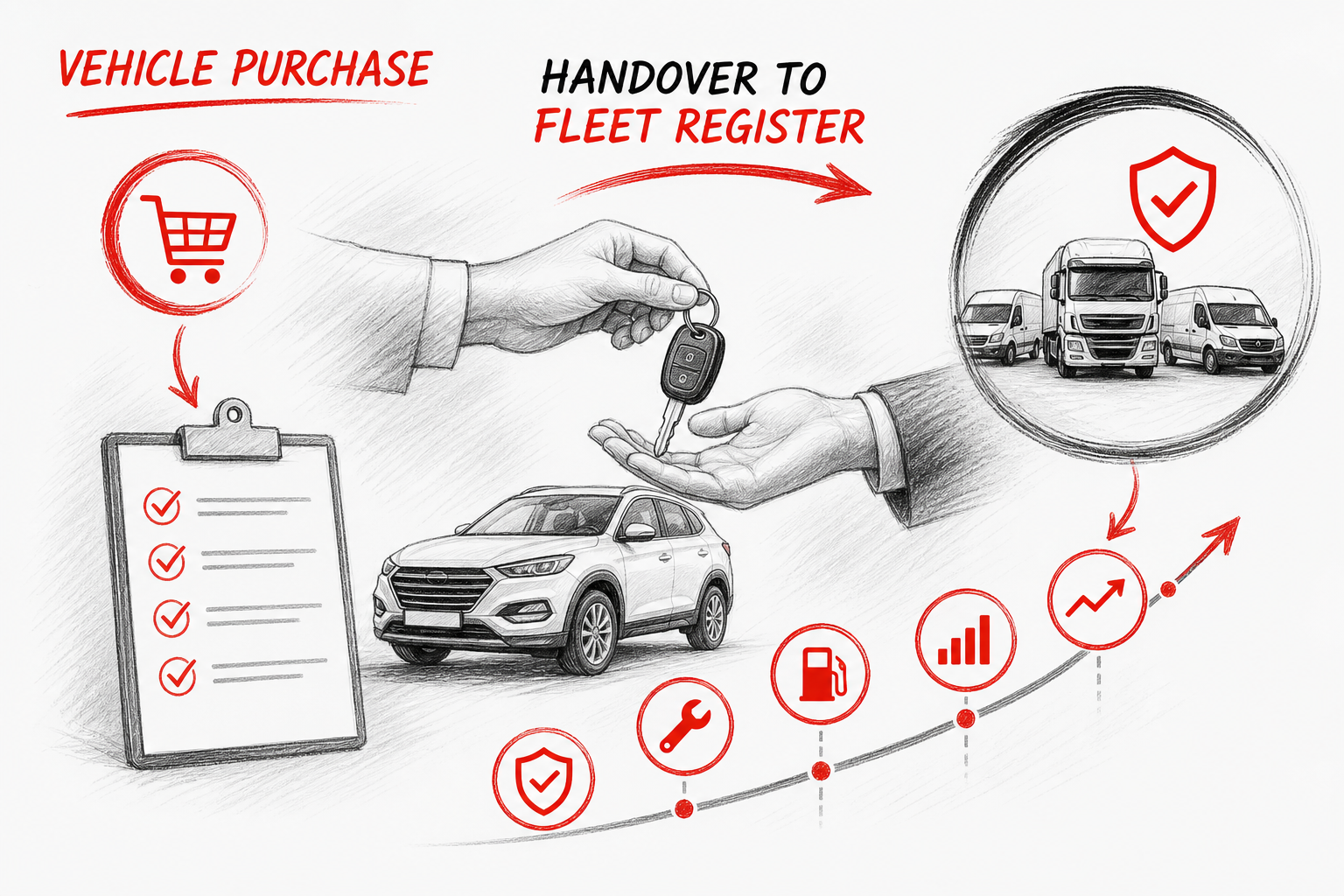 Benefits graph — Handover to fleet register for Vehicle Purchase (Sketch blend style, example only, not a software screenshot)
