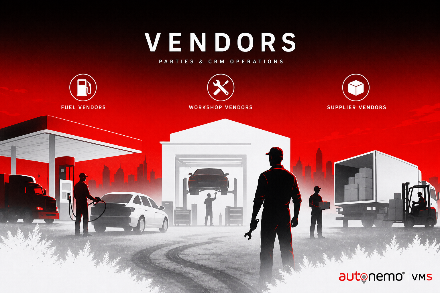Concept overview — Fuel, workshop, and supplier vendor types for Vendors (Silhouette gradient style, example only, not a software screenshot)