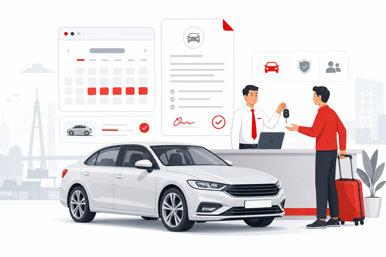 Car rental booking and contract handover at hire desk