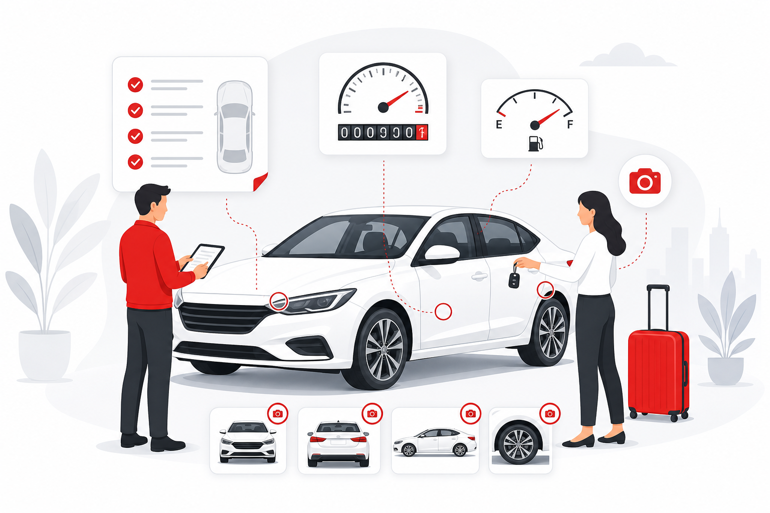 Rental vehicle handover with odometer, fuel, and inspection checklist