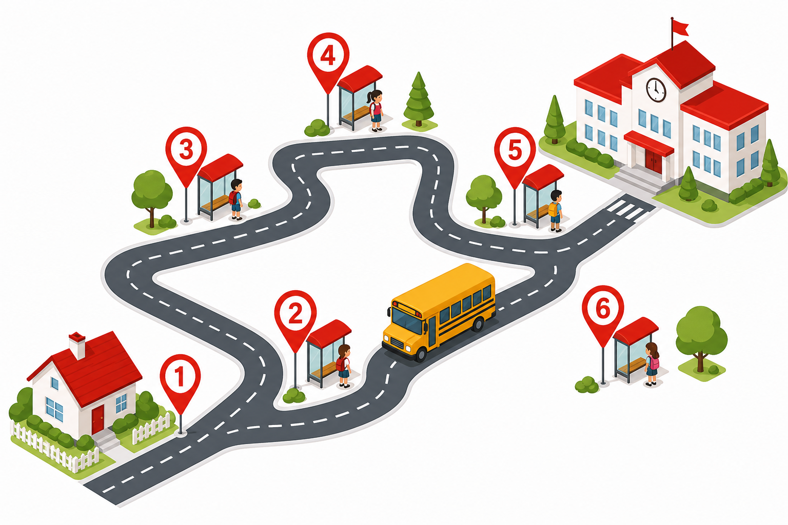 School bus route with numbered pickup and drop-off stops on a map