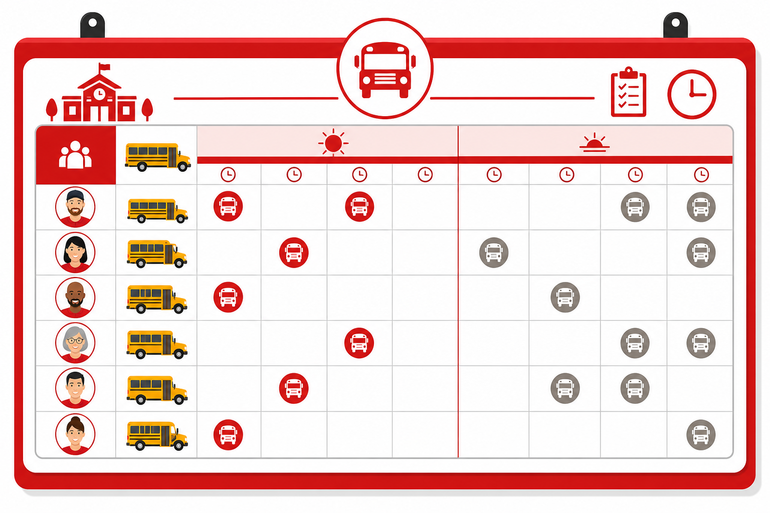 School bus driver roster and daily schedule board with route assignments