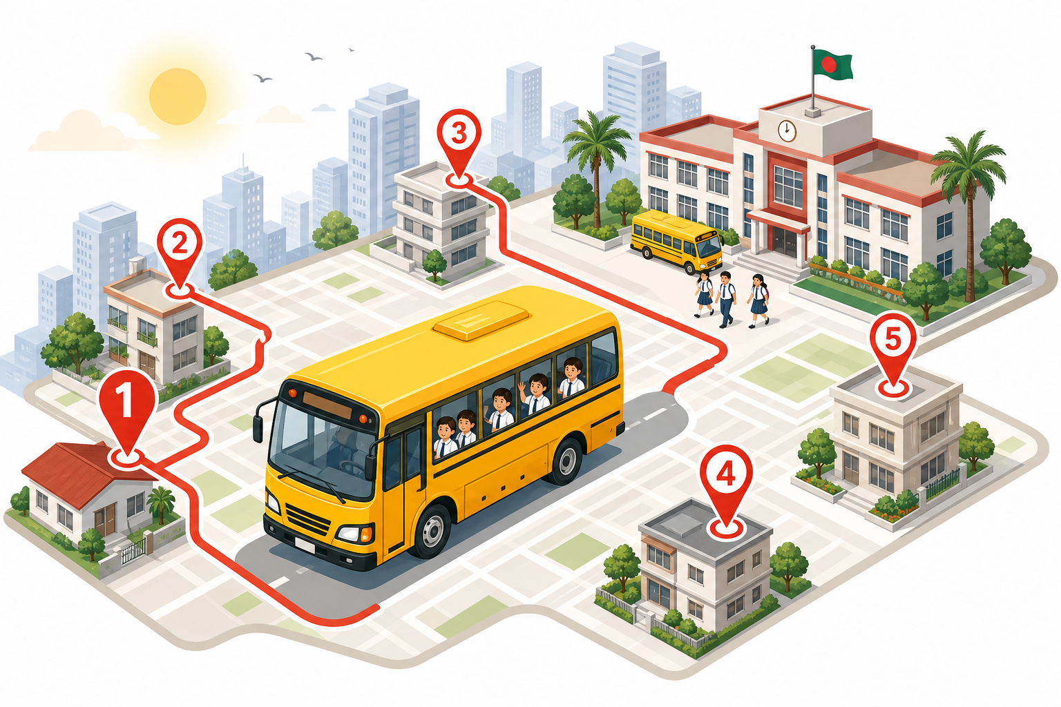 School bus on daily route with pickup stops, GPS tracking, and parent safety alerts
