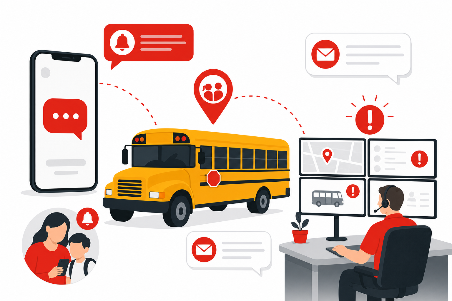 School bus SMS alerts to parents and transport operations desk notifications