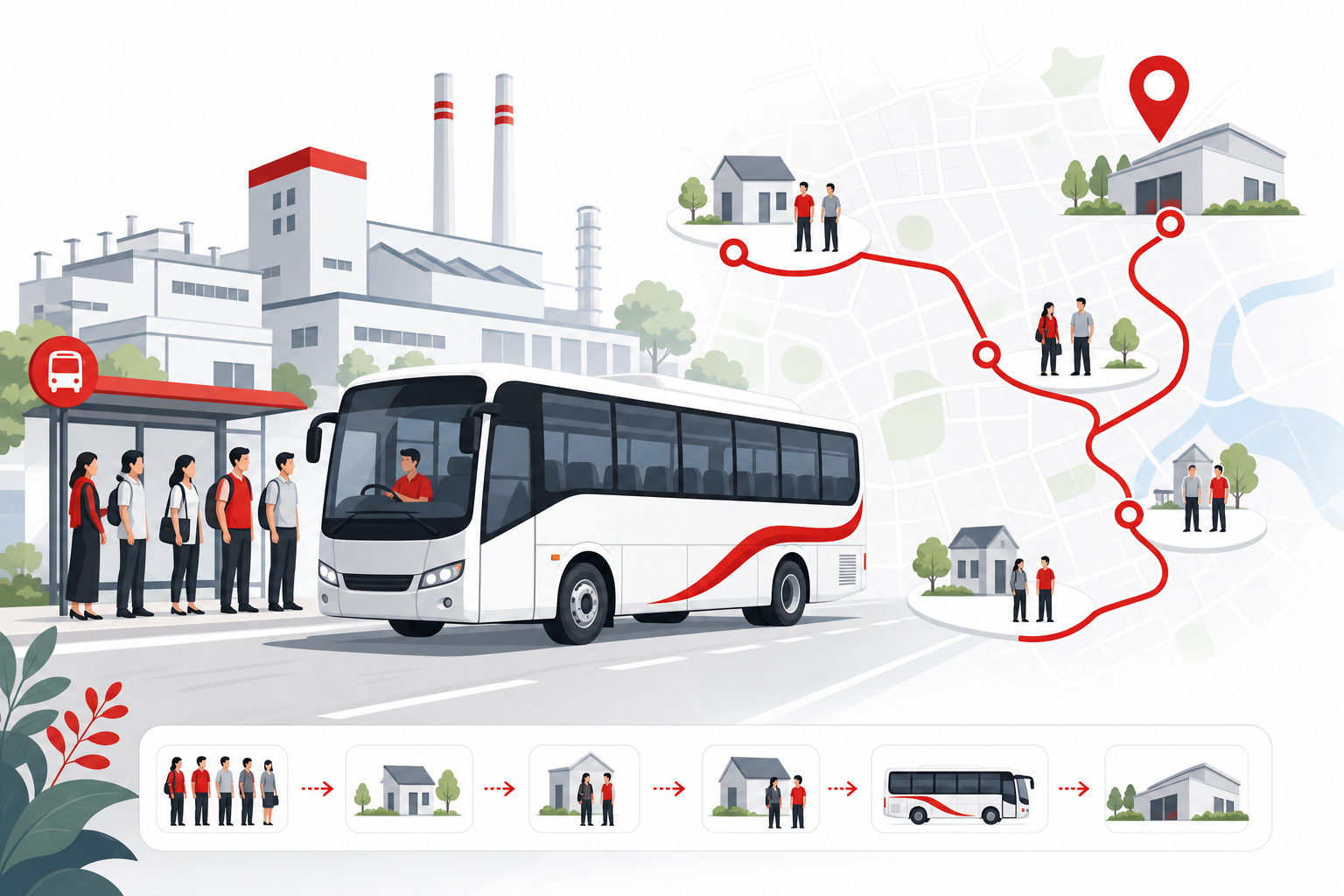 Factory staff shuttle bus on shift route with pickup stops