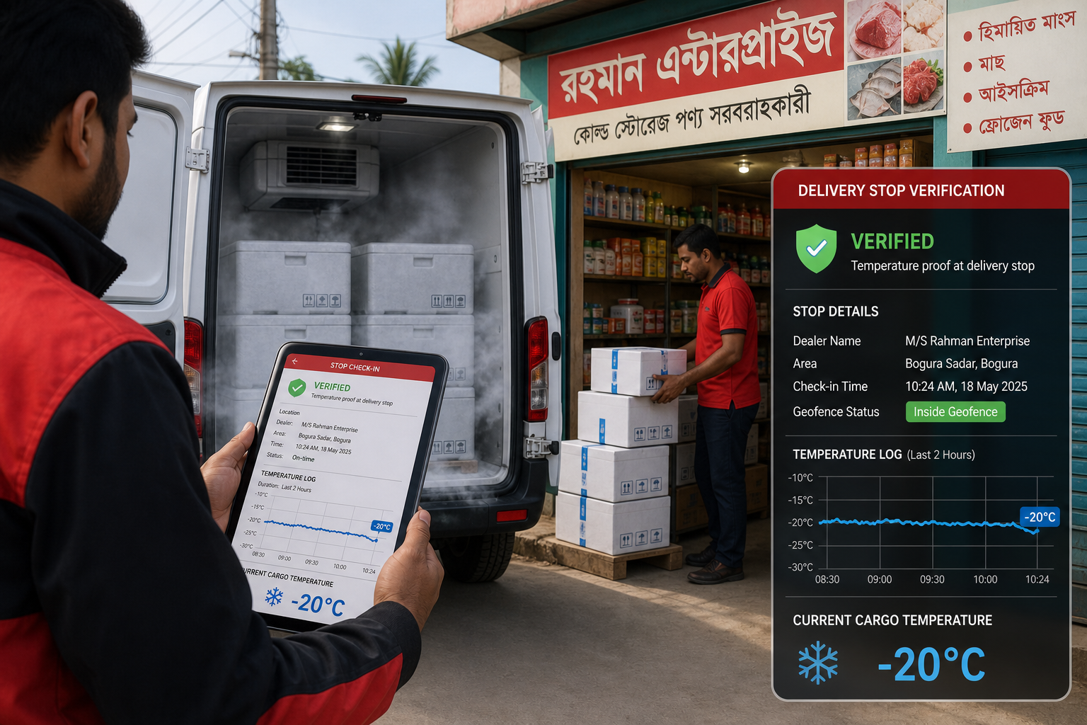 Cold-chain delivery van at dealer stop with GPS and temperature verification