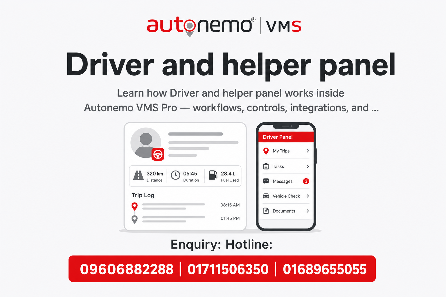 Driver and helper panel in Autonemo VMS Pro — Fleet & Transport Guide