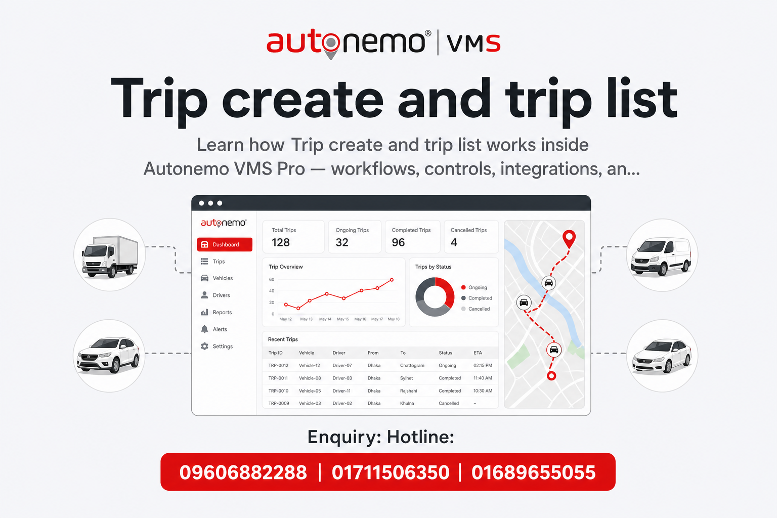 Trip create and trip list in Autonemo VMS Pro — Fleet & Transport Guide